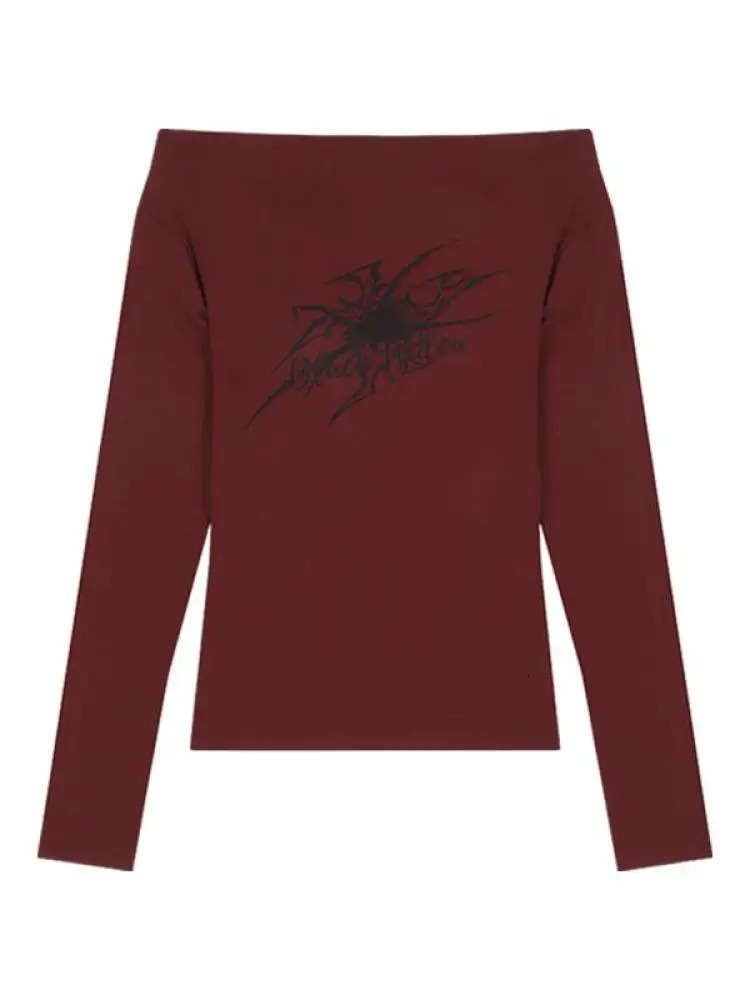 Tonngirls Gothic Print Grunge T Shirt Women Long Sleeve Off Shoulder Y2k Vintage Tops Streetwear Korean Style Crop Tops Autumn 240717