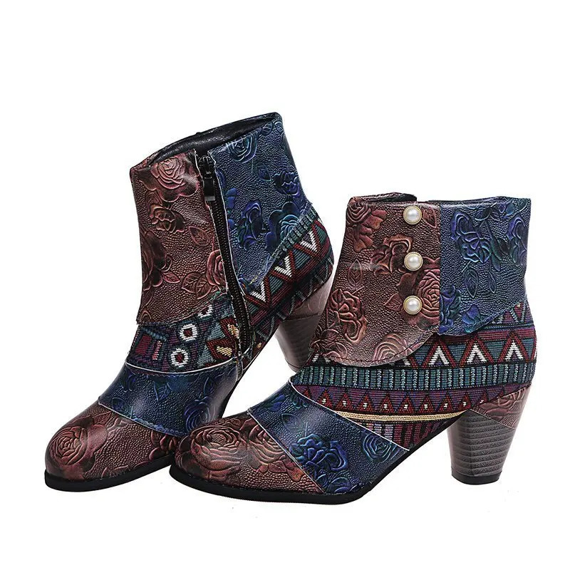 Ankle Boots Women Autumn PU Womens Shoes Ethnic Waterproof Casual Vintage Shoes Zipper High Heel Short Boots Botas Mujer 240716 - view 7