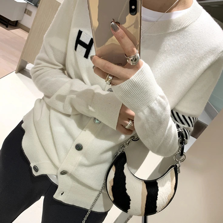 Europe station cashmere cardigan womens loose H-letter jacquard thin knitted jacket sweater slim round neck sweater 240717