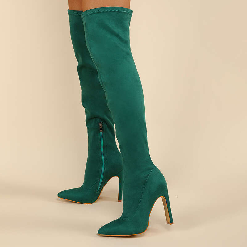 HBP Long boots, slim suede elastic, plus size high square heels, over the knee women's long boots