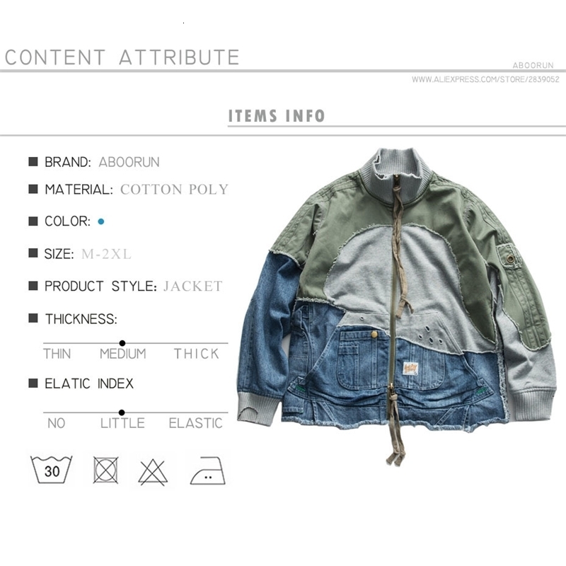 ABOORUN Washed Ripped Denim Patchwork Jackets Mens Vintage Turtleneck Cotton Coat 240701