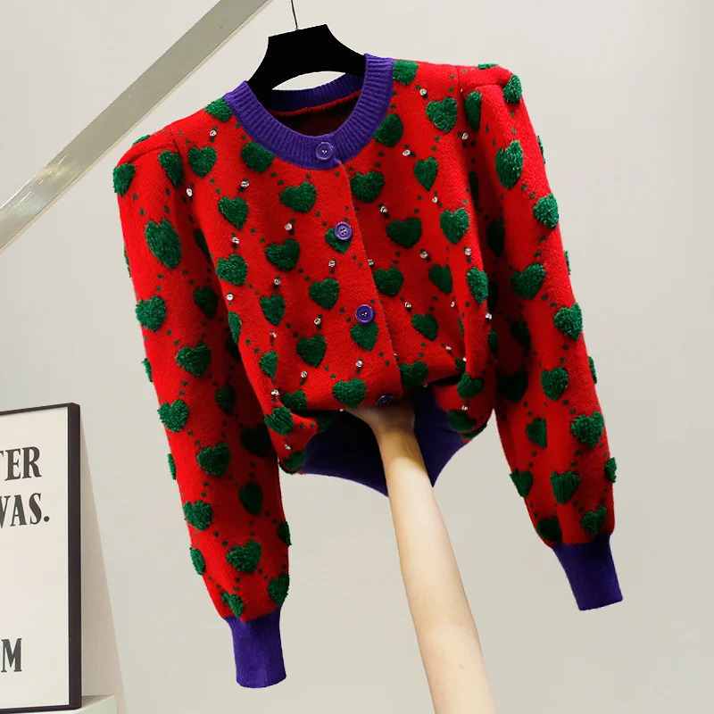 Embroidery Sweater Autumn Winter Heavy Industry Nail Bead Love Jacquard Color Block Bubble Sleeve Sweater for Womens Cardigan 240717