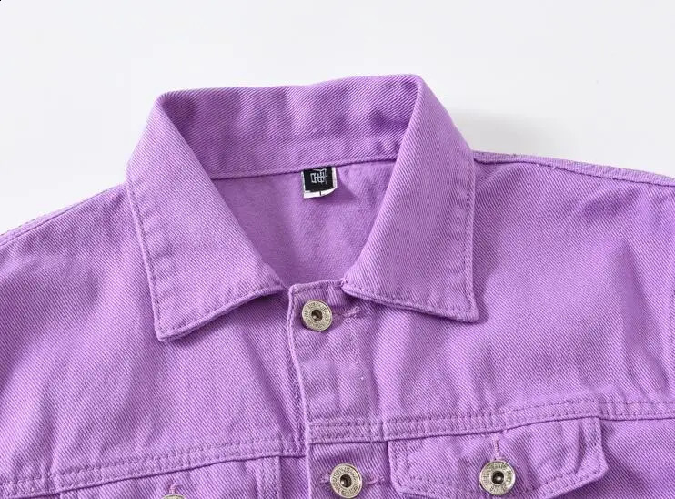 Top denim jacket for mens and womens autumn fashion with patchwork purple orange loose 240717