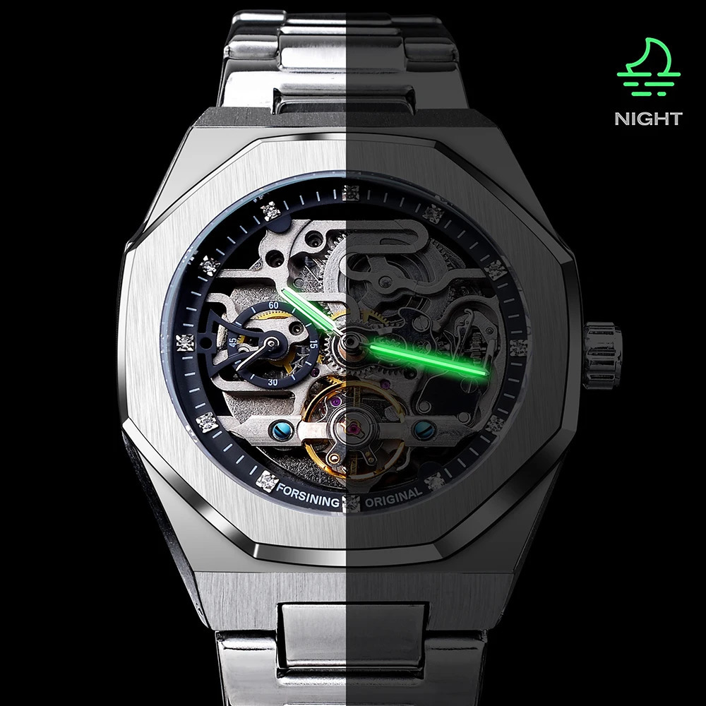 Forsining Casual Automatic Watch 3D Diamond Skeleton Hollow Mens Wristwatches Luminous Military Watches Montre Homme 240709