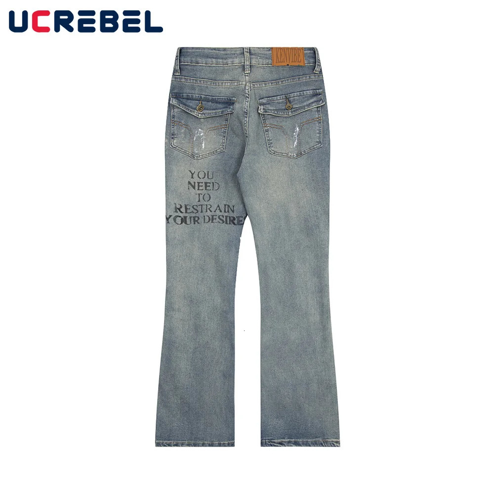 Letter Print Washed Distressed Jeans Mens Graffiti High Street Pocket Loose Denim Flare Pants Men Trousers 240716