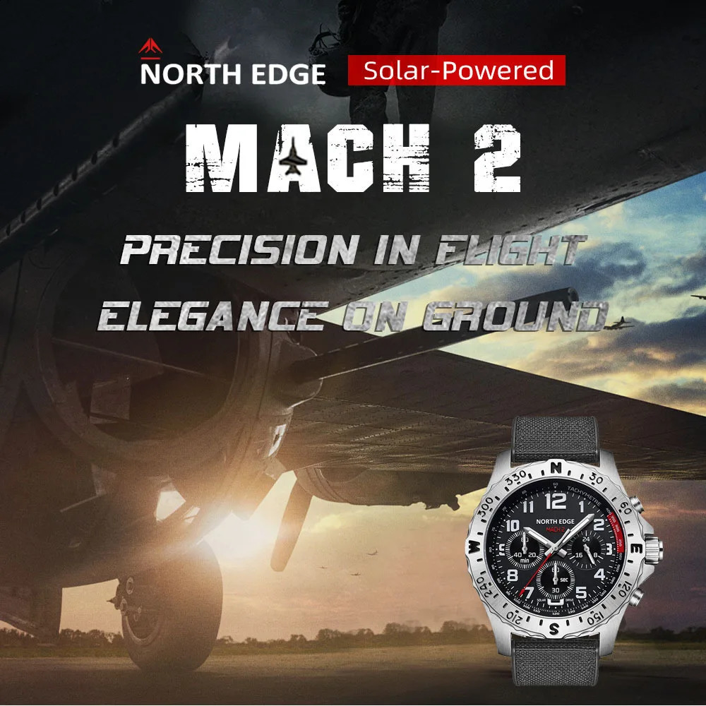 NORTH EDGE MACH2 Solar Watches for Men Luminous Chronography Waterproof 50M Quartz Mens Watch Pilot Relogio Masculino 240716