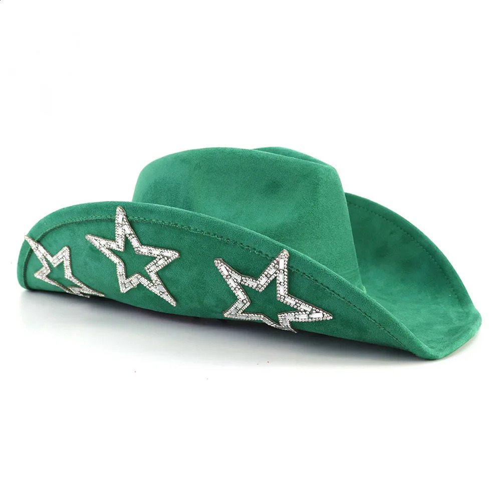 Suede Top Hat Fascinator Roll Brim Jazz Fedora Hat Men Women Rhinestone Five-Pointed Star Western Pink Cowboy Hat Cowgirl Cap 240717