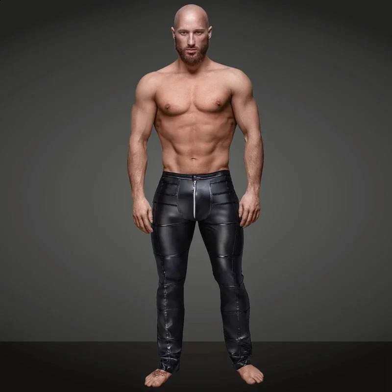 Men Sexy Wetlook Faux Leather Lingerie Exotic Pants PU Latex Catsuit zipper crotch PVC Clubwear gay fetish leggings zentai 240711