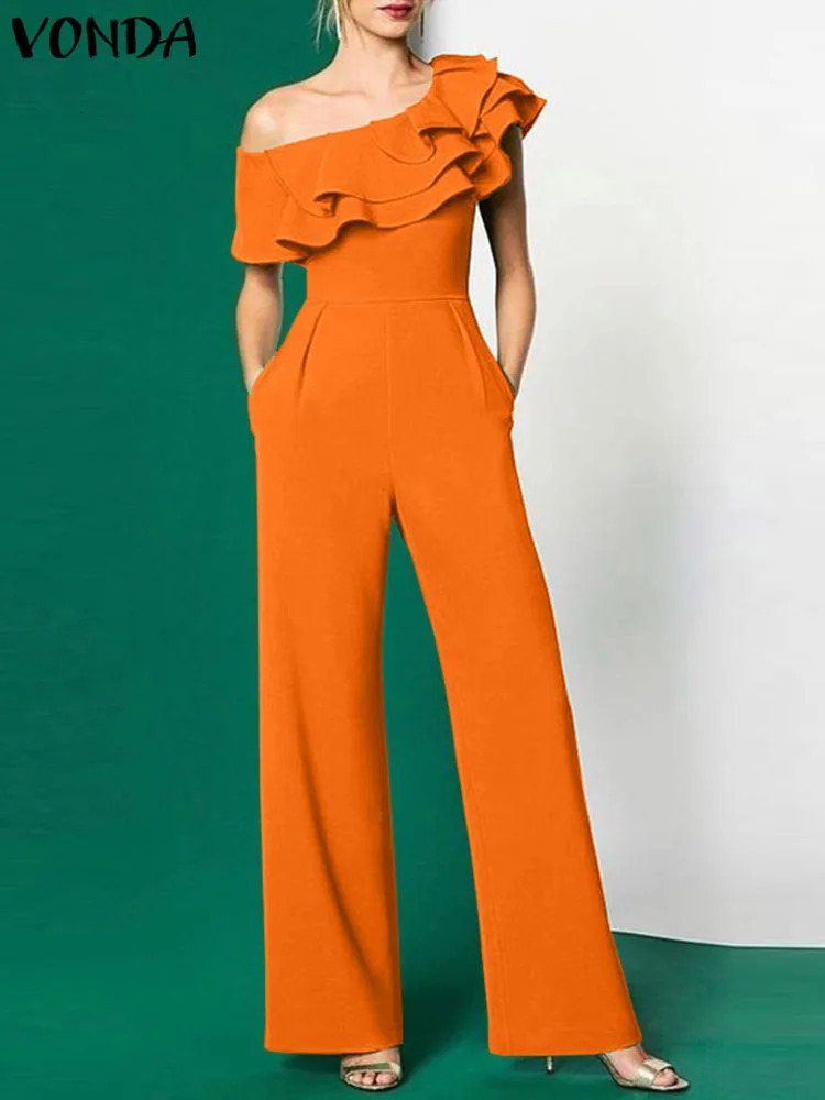 VONDA Elegant Jumpsuits Long Rompers 2024 Women Summer Casual Solid Color Ruffled Sexy Off Shoulder Fashion Office Overalls 240715