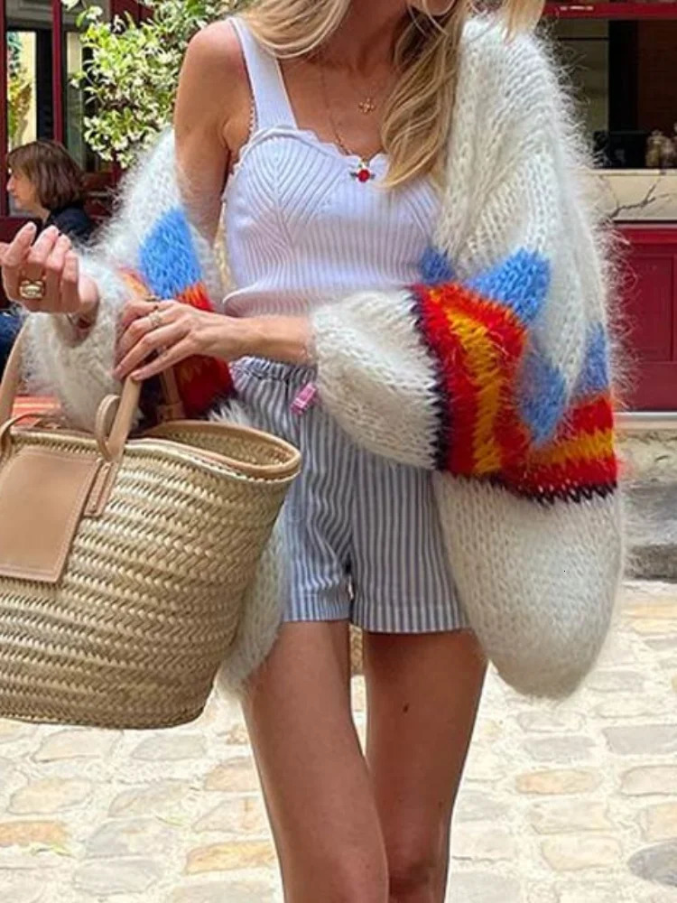 Chic Colorful Striped Print Mohair Cardigan For Women Elegant Loose Long Lantern Sleeve Sweater Autumn Lady Casual Knitwear 240717