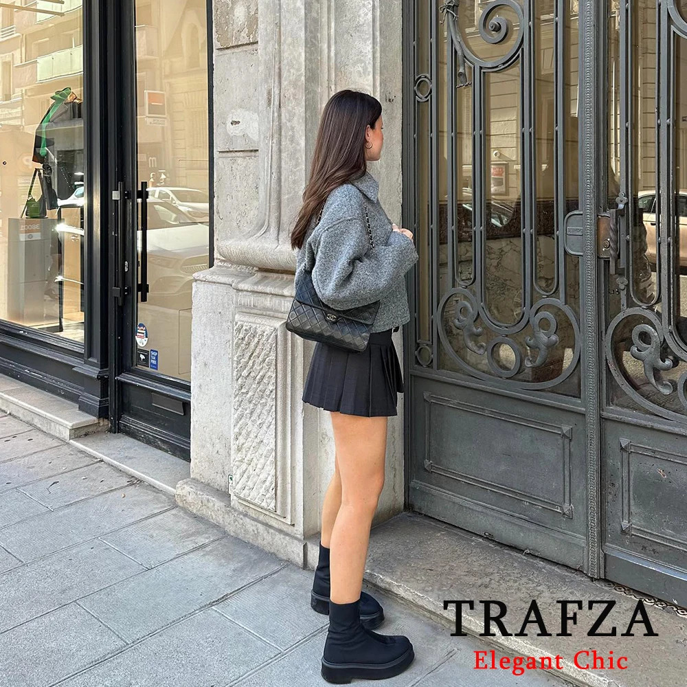 TRAFZA Casual Chic Women Zipper Jacket Fashion Autumn Winter Tweed Short Jacket Coat Elegant Female Jacket Office Lady Coat 240712
