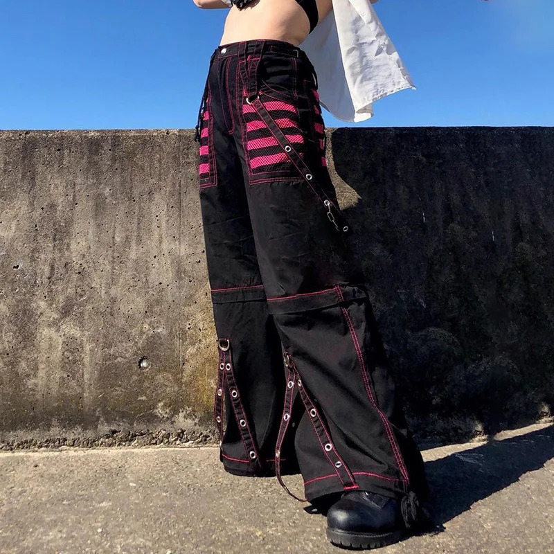 Gothic Women Punk Cargo Pants Wide Straight Leg Pants Grunge Hippie Baggy Trousers Y2k Academic Dark Clothes Streetwear 240717