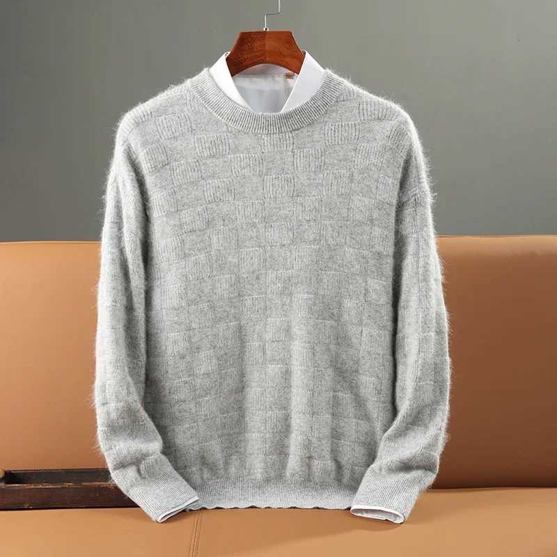 Men 100% Alxa Cashmere Sweater Round Neck Pullover Knit Sweater Autumn and Winter New Checkered Long-Sleeved High-End Jumper Top Z240912