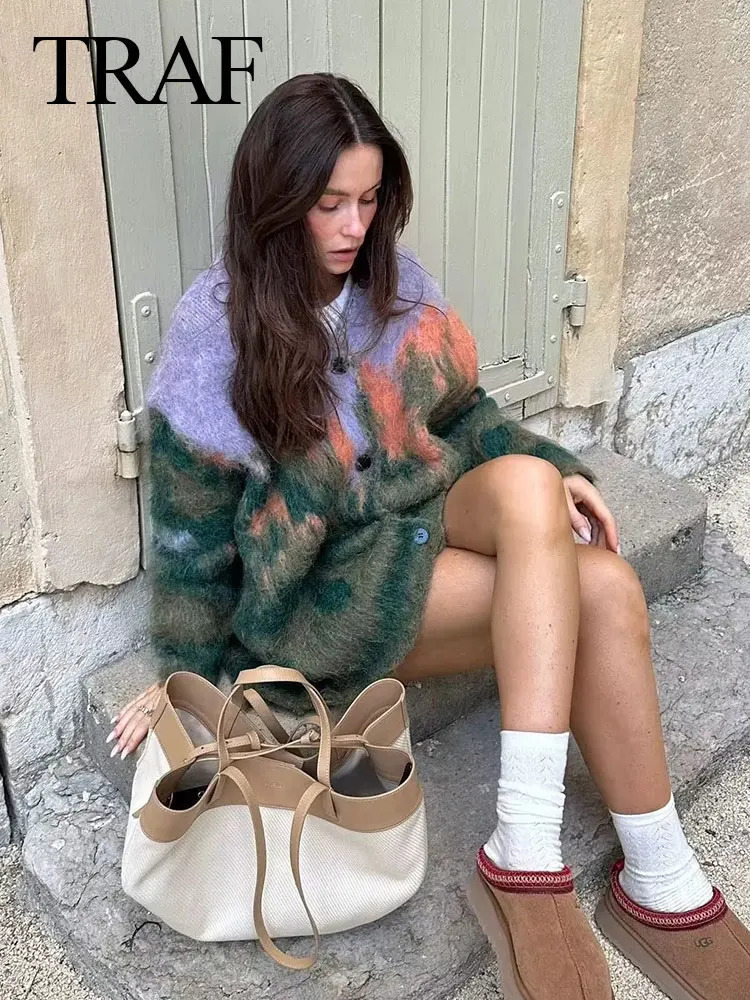 TRAF Fall Female Casual Printed Knitted Cardigan Colorful Loose V Neck Long Sweater High Street Fashion Womans Vintage Coat 240717