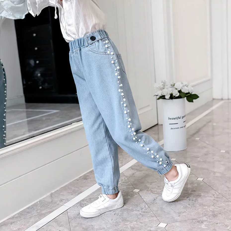 Jeans Jeans Girl Pearls Kids Jeans Girls Casual Style Kid Jeans Spring Autumn Childrens Clothes For Girls Denim Pants 6 8 10 12 Years