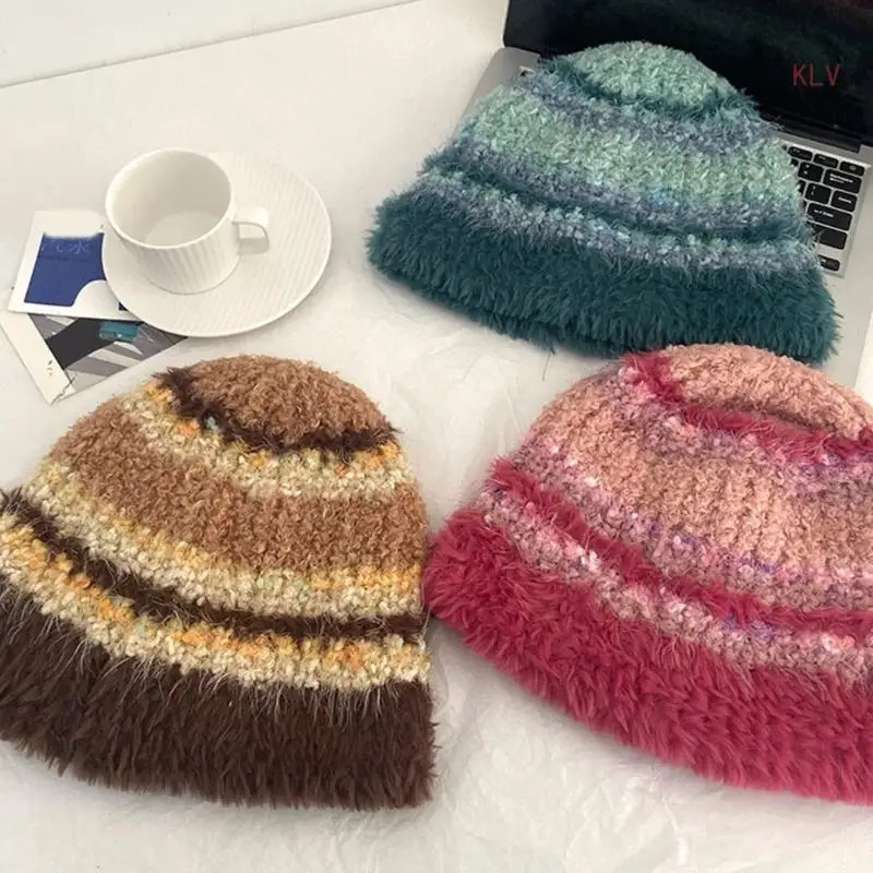 Crochet Striped Fisherman Hat Winter Fisherman Hat Crochet Skiing Beanie Hat for Adult Teens Windproof Commute Hat 240715