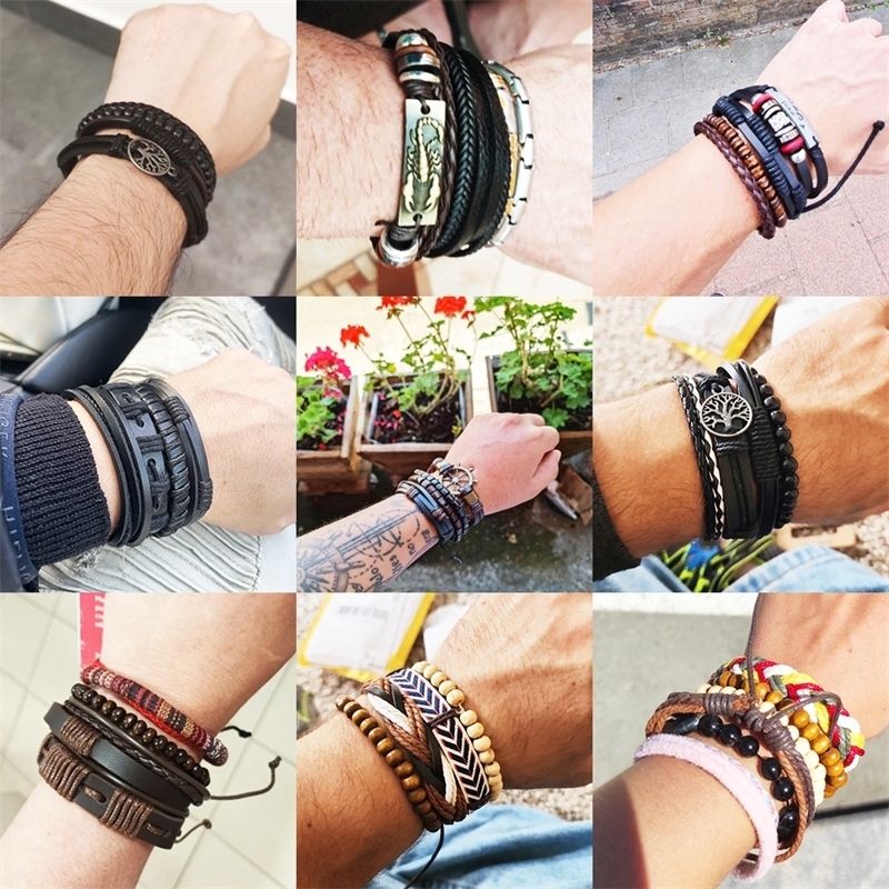 MeMolissa 34Pcs Set Braided Wrap Leather Bracelet for Men Vintage Life Tree Guitar Wood Beads Fashion Male Bracelets Wristband y240710