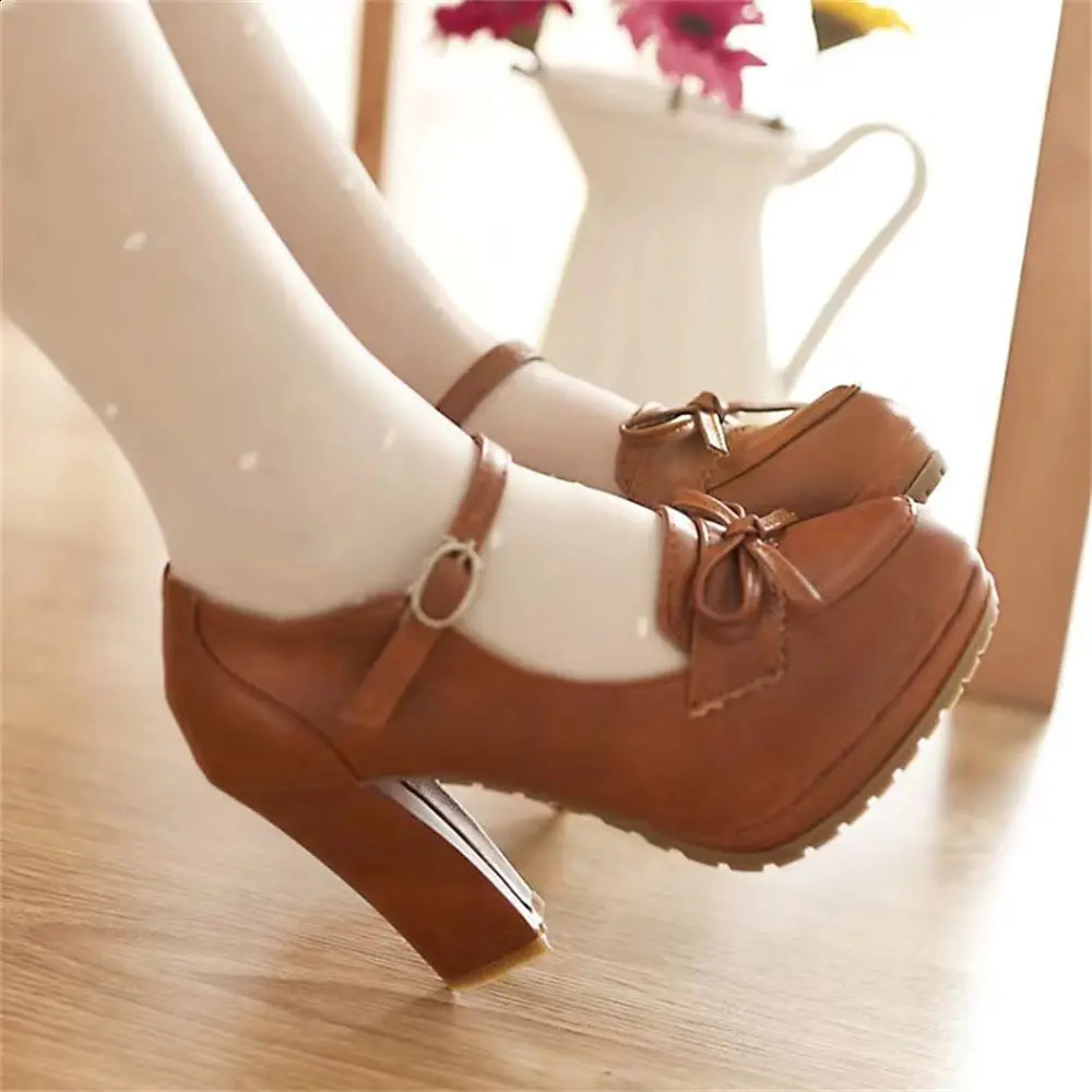 Big Size 43 Summer Vintage Womens Black High Heels Shoes Retro Brown Office Lady Platform Mary Jane Pumps 240718