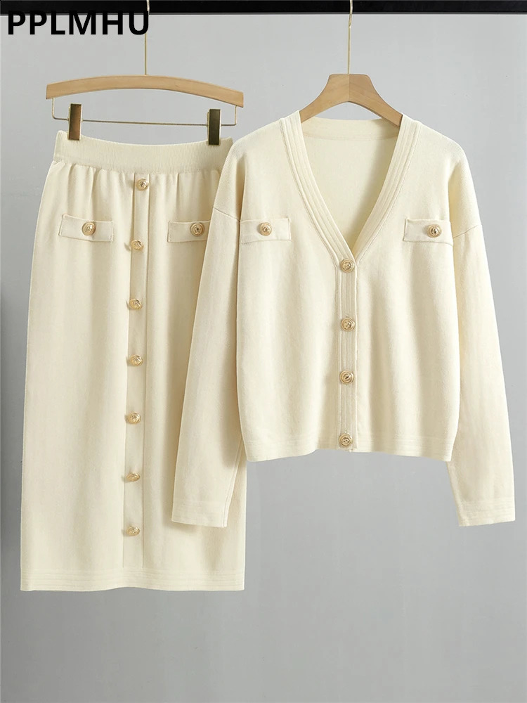 Office Slim Sweater Cardigan Skirts Sets Women Single Breasted Short Knit Tops Coats Suits High Waist Bodycon faldas Conjunto 240712