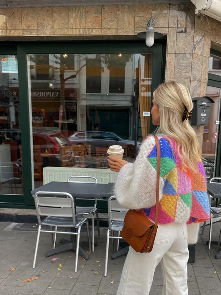 Sleeve Patchwork Female Sweaters Elegant Casual Lady Top Hollow Out Colorful Kint Cardigan Women Sweater Autumn Long Puff 240717