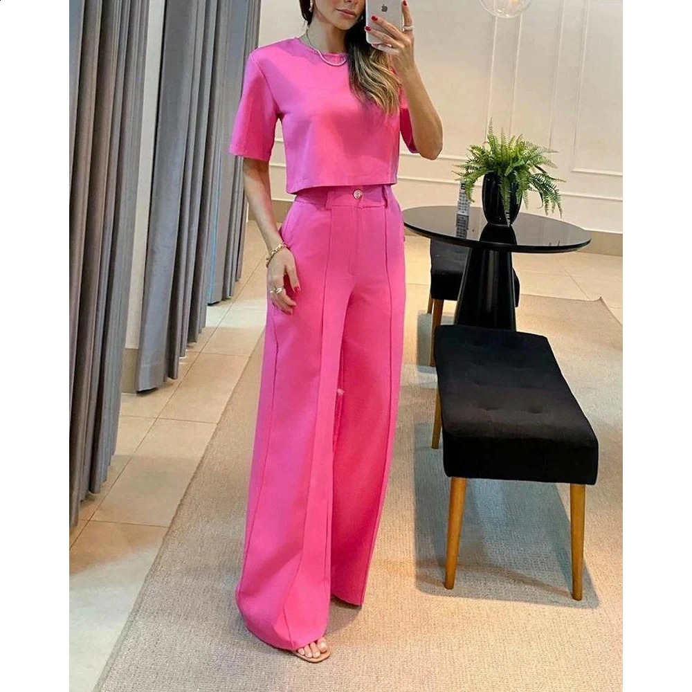 Leisure and Fashion Womens Half Sleeve Crop Tshirt Wide Leg Pants Set Summer Office Two Piece Work Clothes 240718