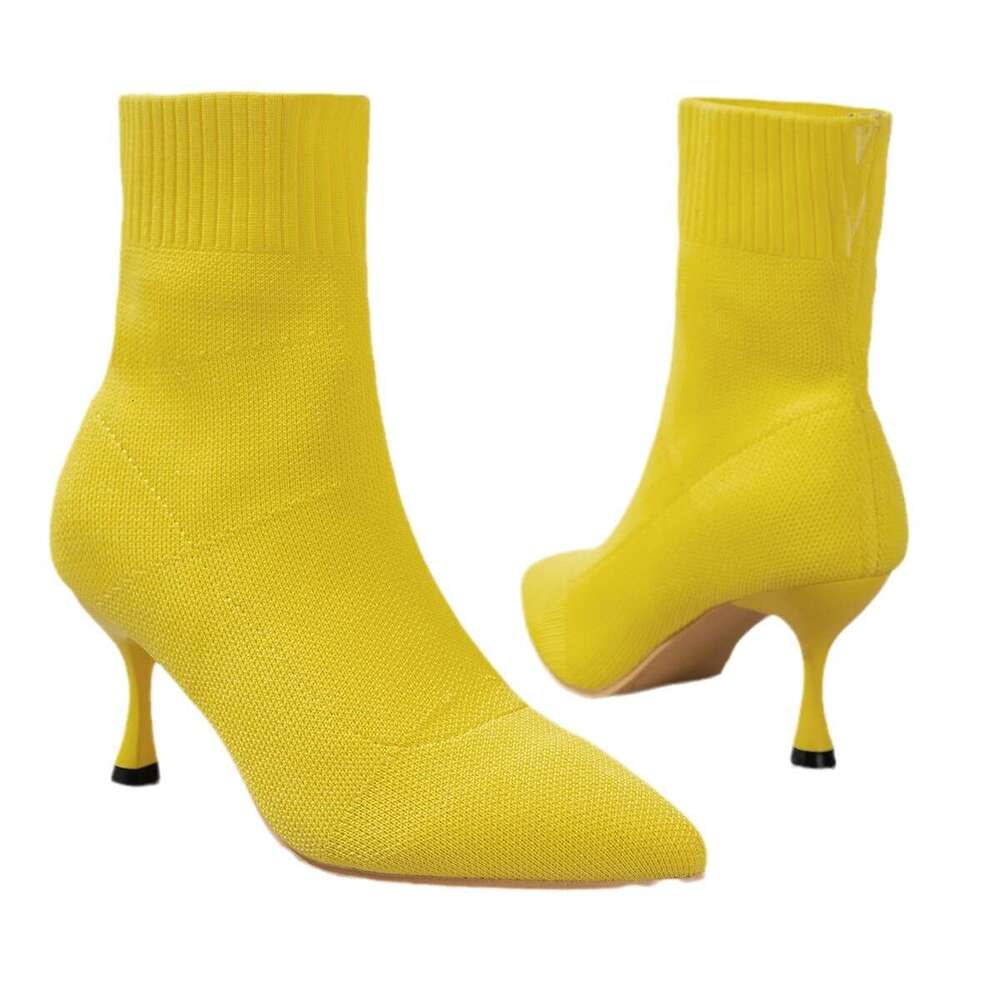 Large size slim high short knitted autumn and winter single pointed thin heels shoes women's boots