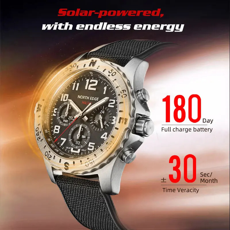 NORTH EDGE MACH2 Solar Watches for Men Luminous Chronography Waterproof 50M Quartz Mens Watch Pilot Relogio Masculino 240716