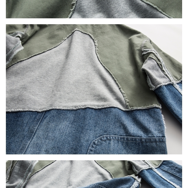 ABOORUN Washed Ripped Denim Patchwork Jackets Mens Vintage Turtleneck Cotton Coat 240701