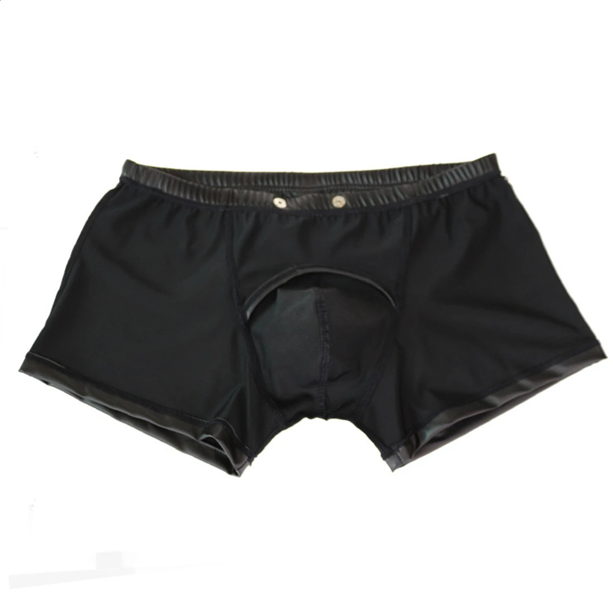 Sexy Men Boxers Open Crotch Faux Leather Lingerie Stage U Convex Pouch Black Patent Shorts Gay Mens Underwear 240711