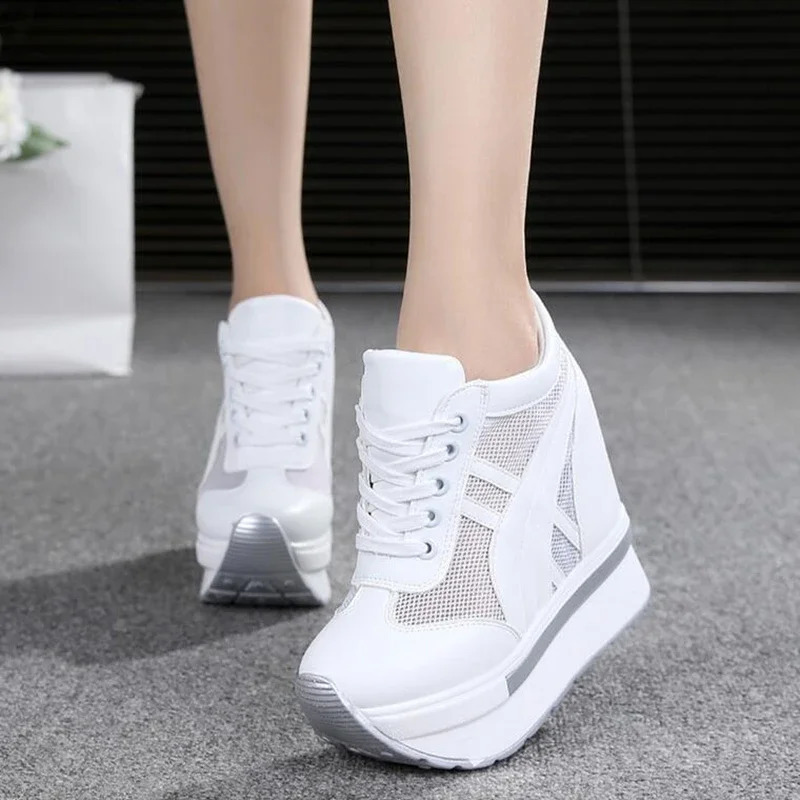 High quality womens mesh platform sports shoes white shoes 10CM high heels wedge outdoor shoes breathable casual shoes for women 240719