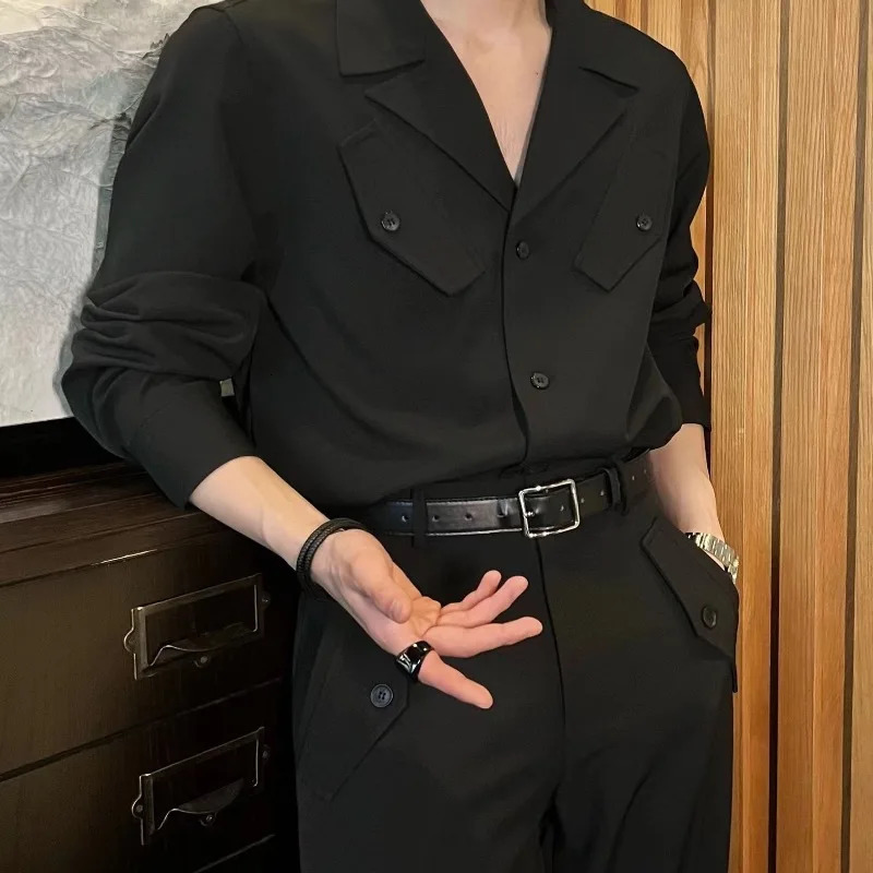 Korean Style Autumn Handsome Fashionable Shirt Suit Trendy Mens Loose Shirt Wide-leg Pants with One-piecetwo-piece Set Cityboy 240715