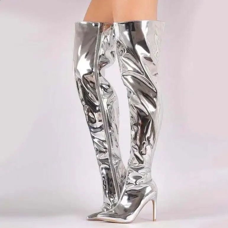 Women Boots Mirror Platform Pointy Toe Punk High Thin Heels Over The Knee Long Autumn Winter Zip Silver Casual Party Shoes 240718
