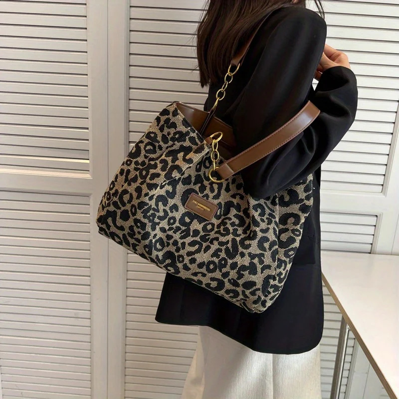 Leopard Print Canvas Tote Bag Fashionable Shoulder Bag For Women Perfect For School Office And Shopping 240722
