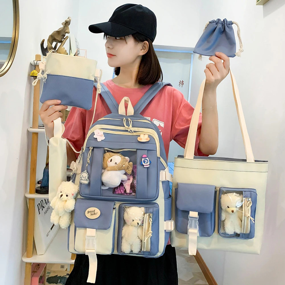 5 Pcs Set Kawaii For Student School Bag Teenager Girls Schoolbag Book Bags Pencil Case Women Travel Backpack Tote 240712