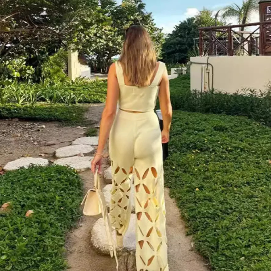 2024 Hollow Pants Set Womens Top Sexy Knitted Short Wide Street Clothing 240717