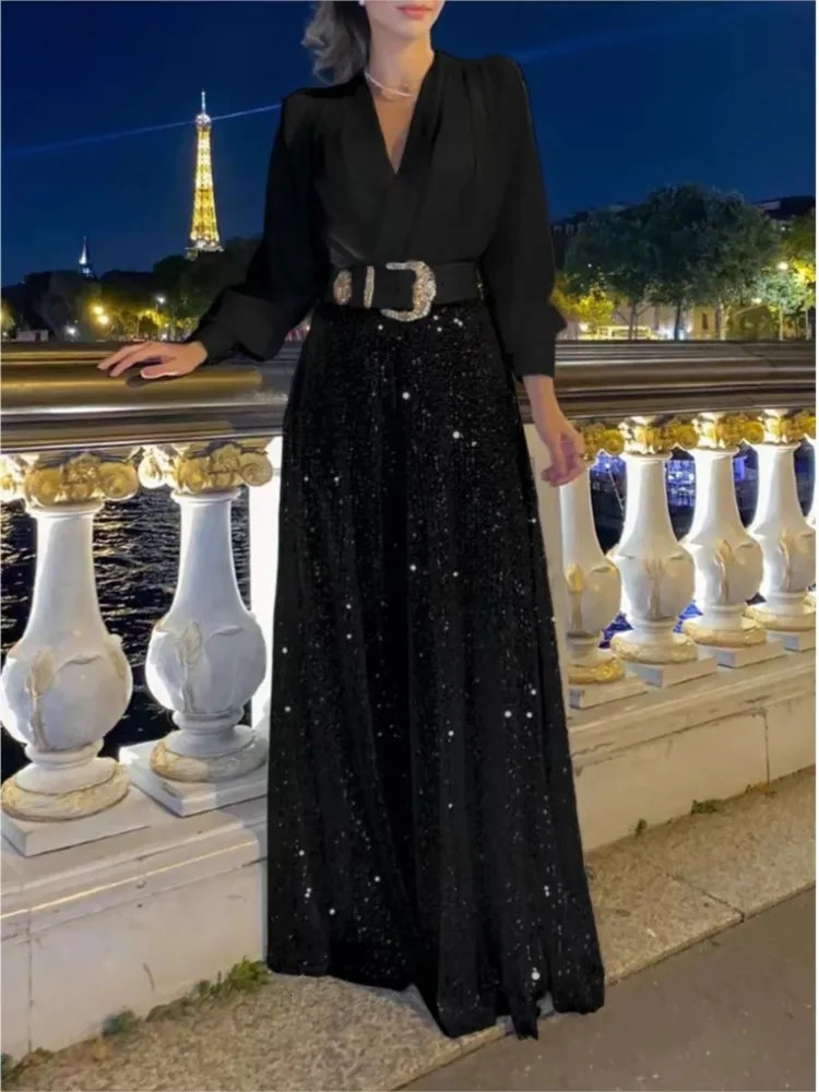 Spring Autumn Solid Color Sexy Deep V Neck Dinner Women Jumpsuit Shirt Sequins Slim Elegant Female Fashion Wide Leg Piece Pants 240715