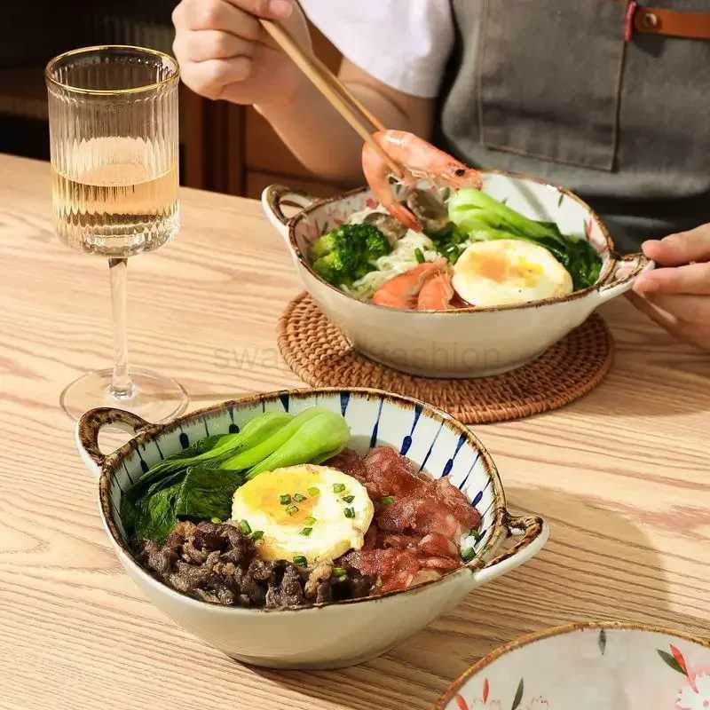 Japanese Household Noodle Bowl 7.5inch Ceramic Soup Bowl With Handle Salad Pasta Bowl Kitchen Tableware Microwave Oven BakwareB240727