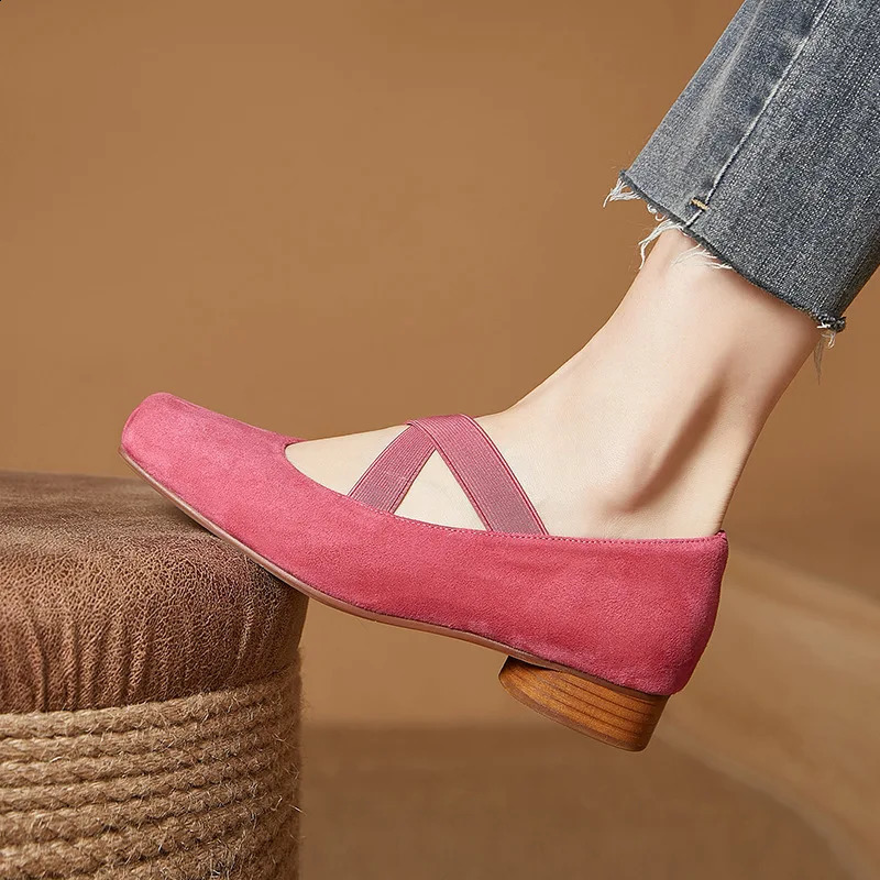 ALA Rising|LEH Leather Handmade Pig Mouth Ballet Shoes With Cross Heel Sheepskin Mary Jane Womens Square Head 240718