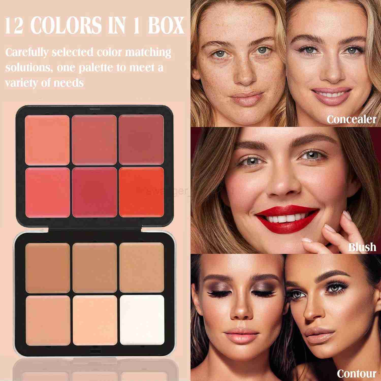 Makeup Blush Cream Palette for Cheeks Multi-functional Concealer Makeup Palette with BrusherNatural Matte Long Wearing 12 ColorB240722