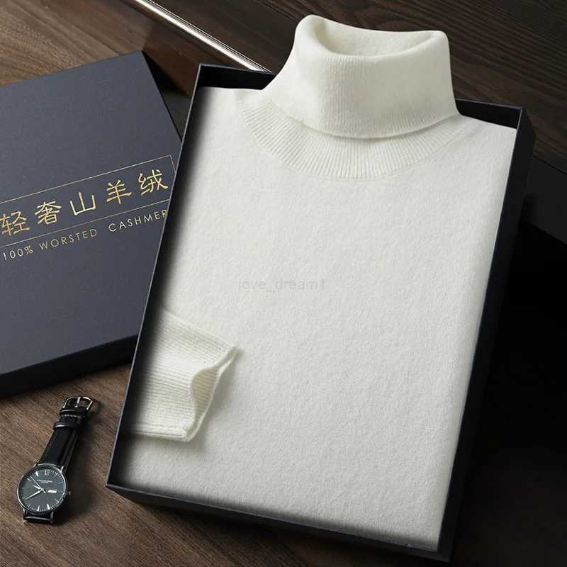 Spring Autumn New 100% Cashmere Sweater Mens High Turnover Collar Knitted Pullover Fashion Slim Fit Knitted Bottom Shirt Z240912
