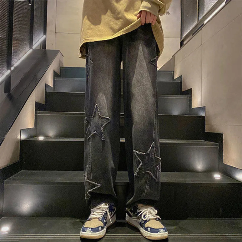 Xpqbb Y2K Vintage Streetwear Jeans Women Harajuku Star Aesthetic Wide Leg Denim Trousers High Waist Unisex Couple Straight Pants 240717