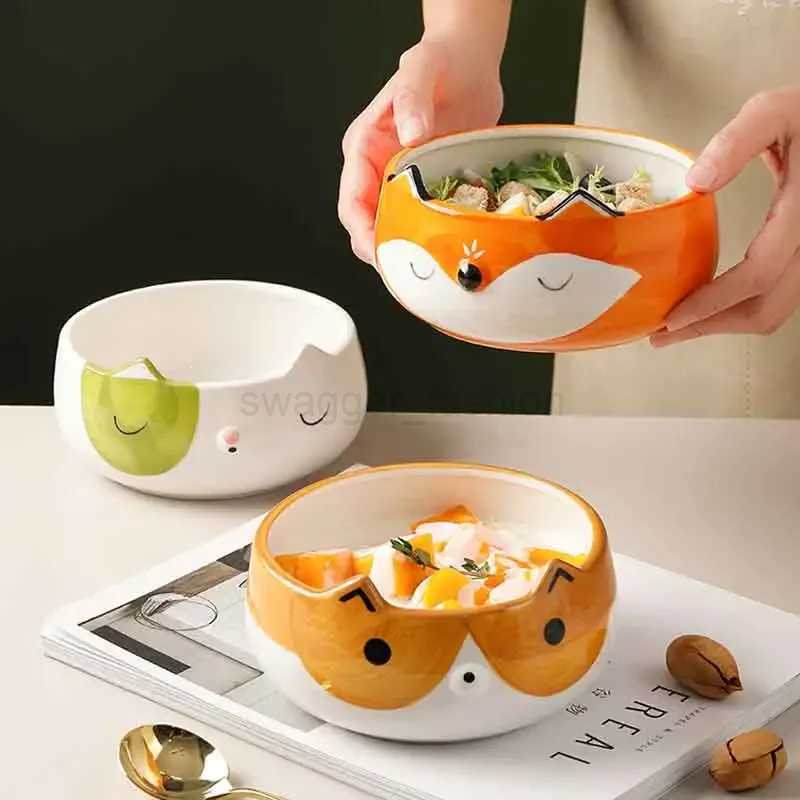 Hand Painted Fox Cat Dog Bowls Cute Animal Bowl For Salad Fruit Noodle Rice Soup Creative Underglaze Ceramic Children TablewareB270723 - view 4