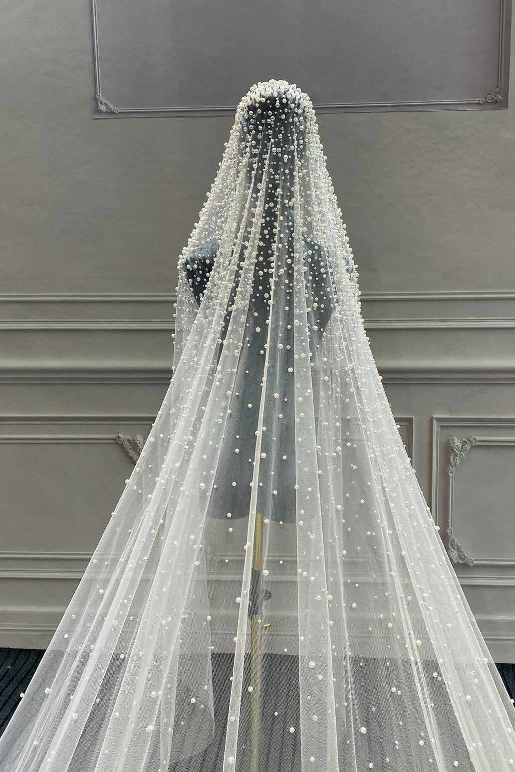 Long Bridal Veil 1 Tier Wedding Veil with Comb White Ivory Cathedral Pearls Beadeds Scalloped for Bride Accessories 300cm