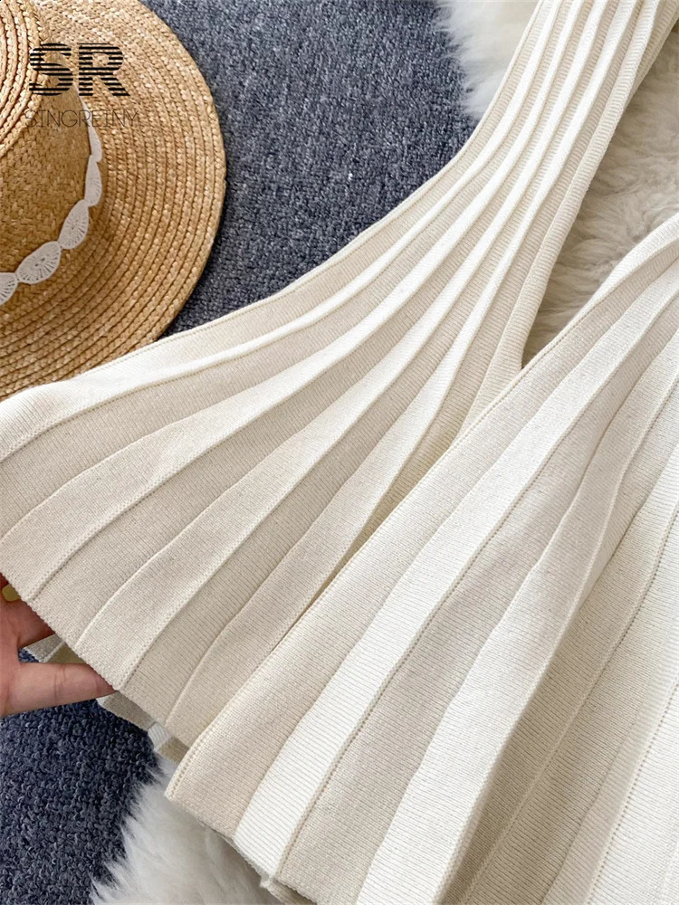 SINGREINY Elegant Knit Pleated Mini Dress Women Soft Ribbed Solid Flare Sleeve Fashion Lady Casual Sweater Slim Dresses 240712