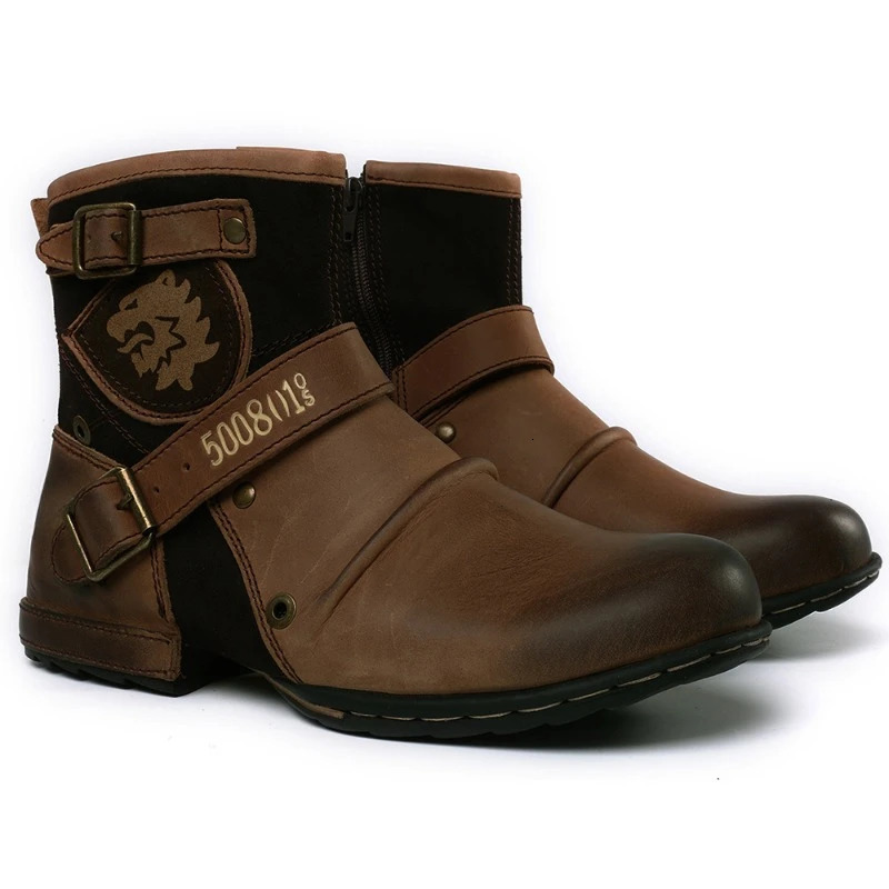 WInter Fashion Mens Shoes Boots Warm Leather Vintage Motorcycle Male Boots Riding Retro Metal Style Zippers Mens Shoes 240718