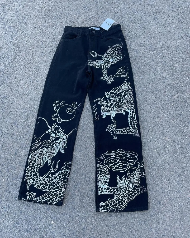 Harajuku Anime Denim Pants Y2k Hip Hop Streetwear Fashion Pattern Printing Men Clothes Loose Straight Cylinder Casual Trousers 240719