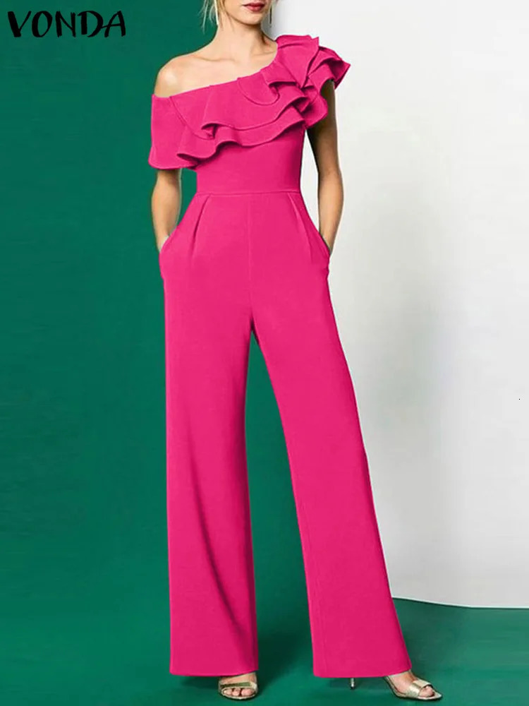 VONDA Elegant Jumpsuits Long Rompers 2024 Women Summer Casual Solid Color Ruffled Sexy Off Shoulder Fashion Office Overalls 240715