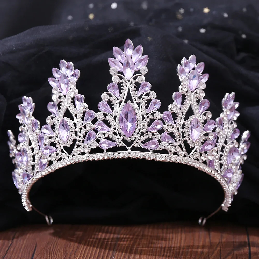 Silver Color Purple Crystal Crowns Bridal Tiaras Fashion Queen Rhinestone Diadem Headpiece Wedding Hair Jewelry Accessories Gift 240713