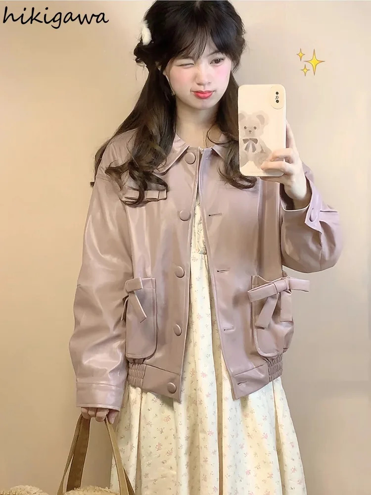 Vintage Leather PU Woman Jackets Japanese Fashion Outwear Ropa Mujer Sweet Bow Pink Coat Casual Y2k Coat Women Clothes 240717