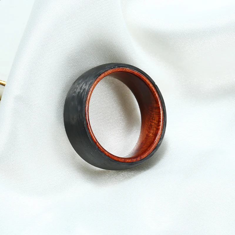 Mens 8mm Domed Pure Carbon Fiber Rings Solid Hawaiian KOA Wood Sleeve Wedding Band Comfort Fit 240713
